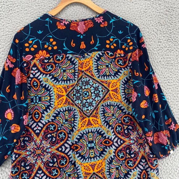 Fig & Flower Top Womens Small Navy Multi Floral 3/4 Sleeve Tunic 1/4 Button Up - Picture 4 of 10